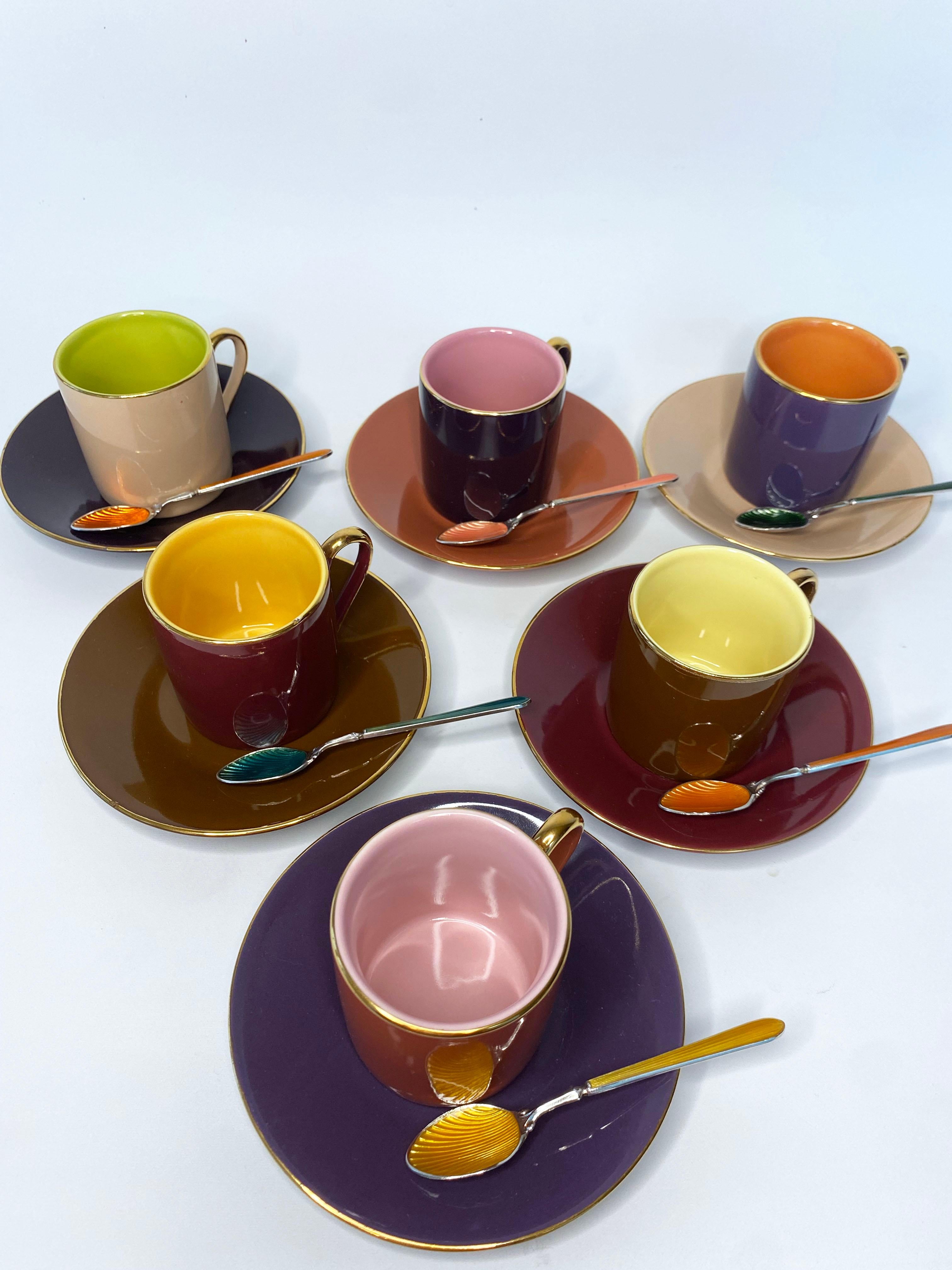 Multi Colored Coffee Cup Set with Decorative Enamel Spoons For Sale 2