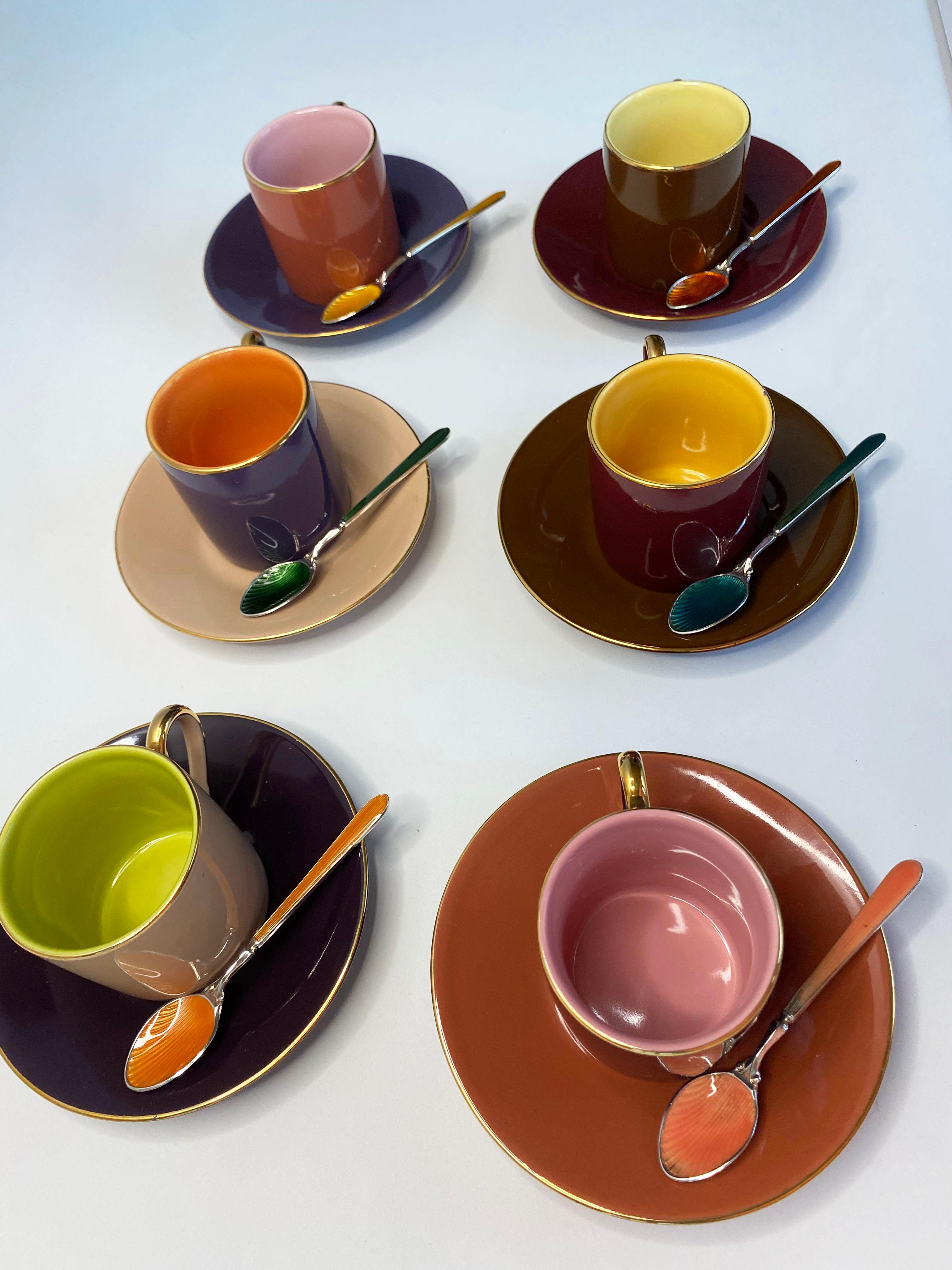 Multi Colored Coffee Cup Set with Decorative Enamel Spoons For Sale 3