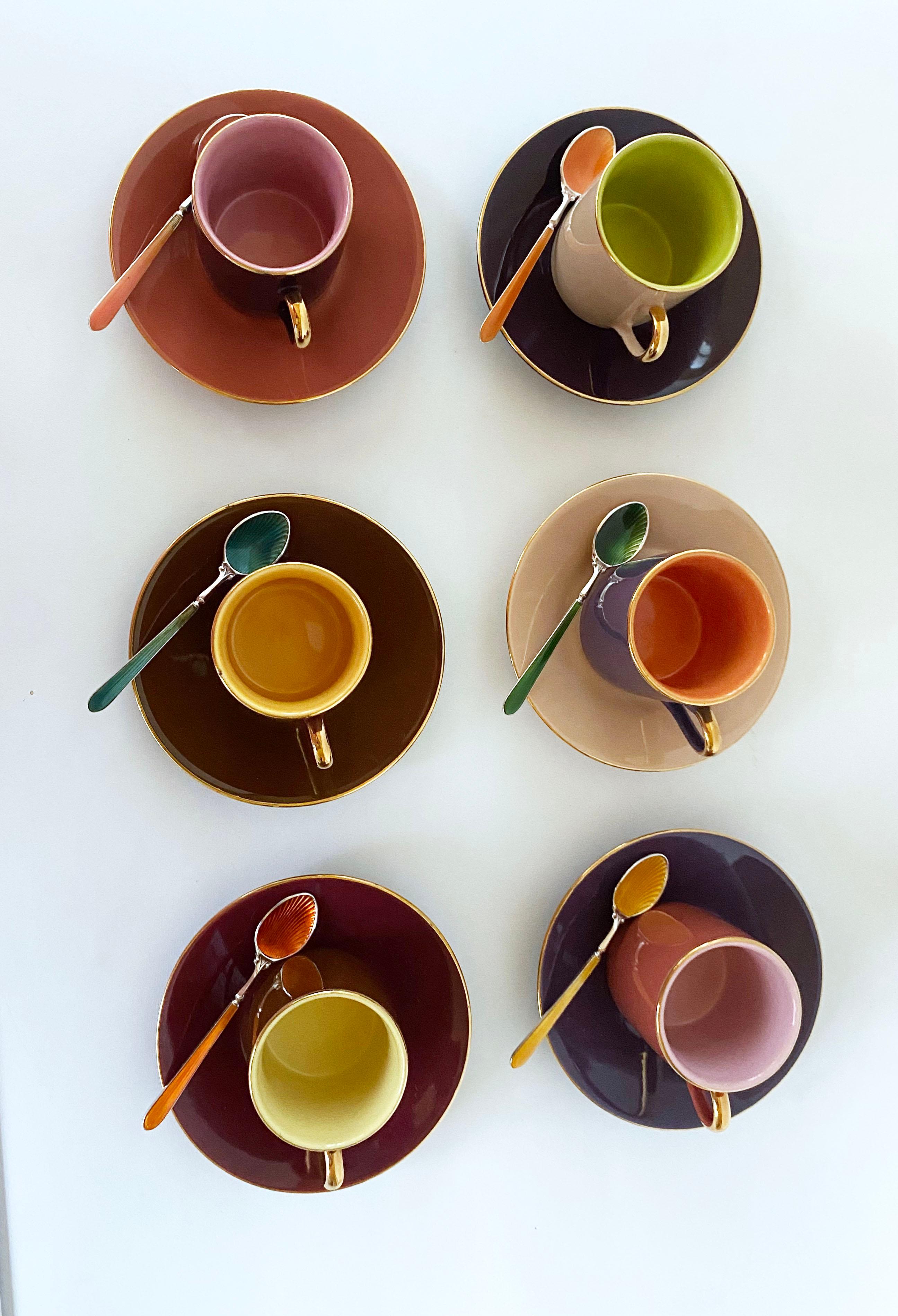 Multi Colored Coffee Cup Set with Decorative Enamel Spoons For Sale 4