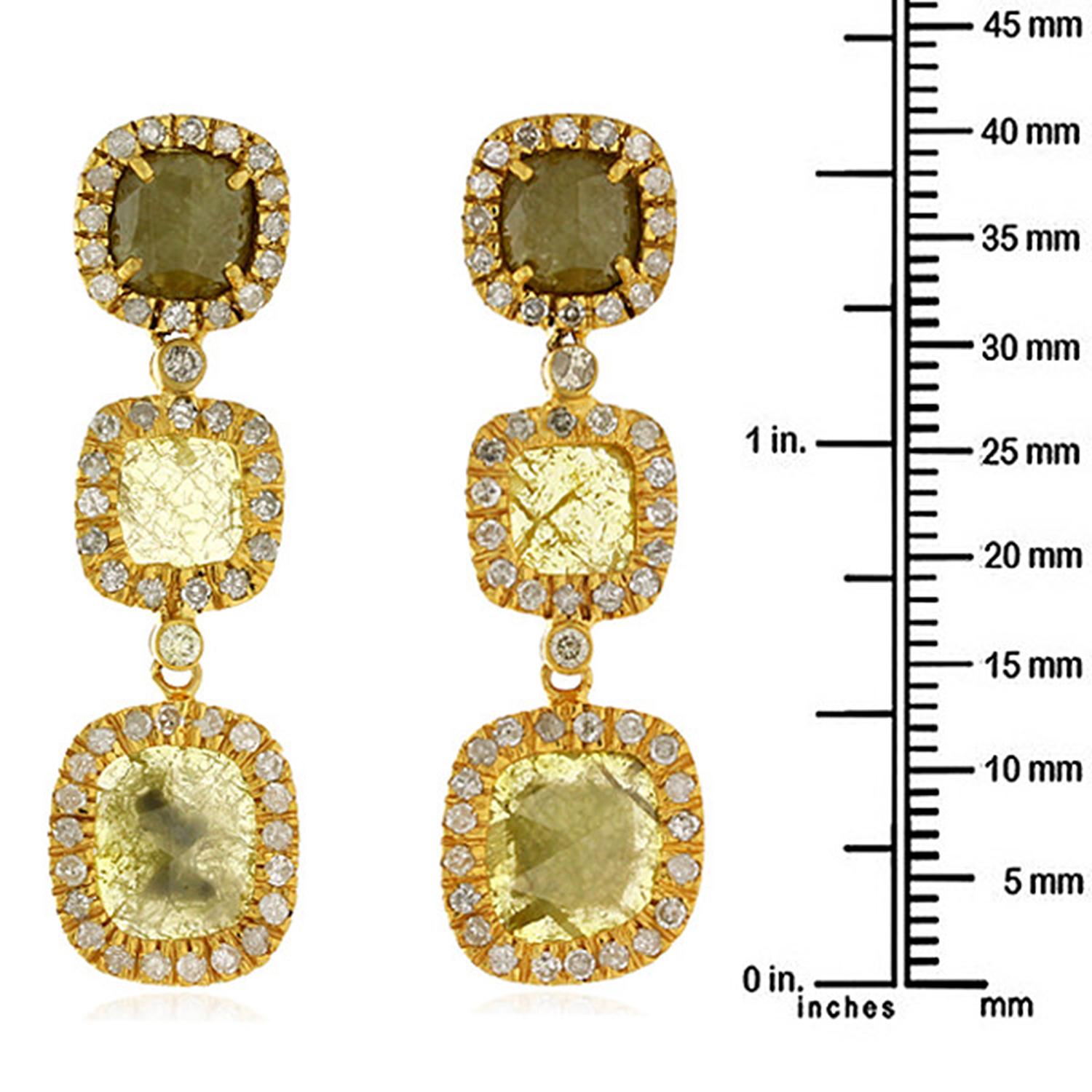 Artisan Multi Colored Cushion Shaped Sliced Ice Diamond Earrings Made in 18k Yellow Gold For Sale