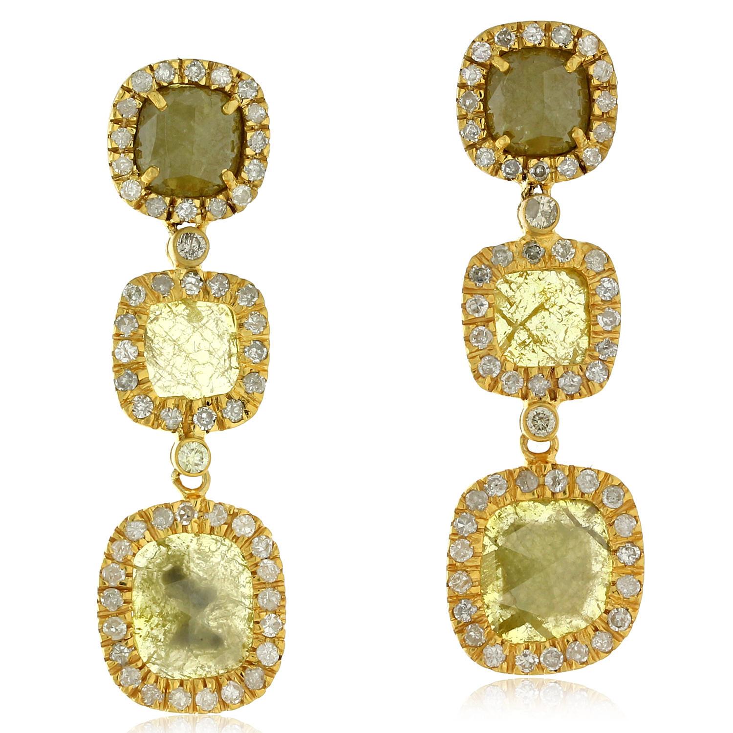 Mixed Cut Multi Colored Cushion Shaped Sliced Ice Diamond Earrings Made in 18k Yellow Gold For Sale