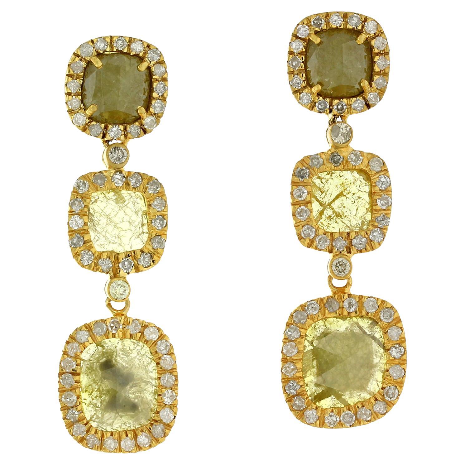 Multi Colored Cushion Shaped Sliced Ice Diamond Earrings Made in 18k Yellow Gold For Sale