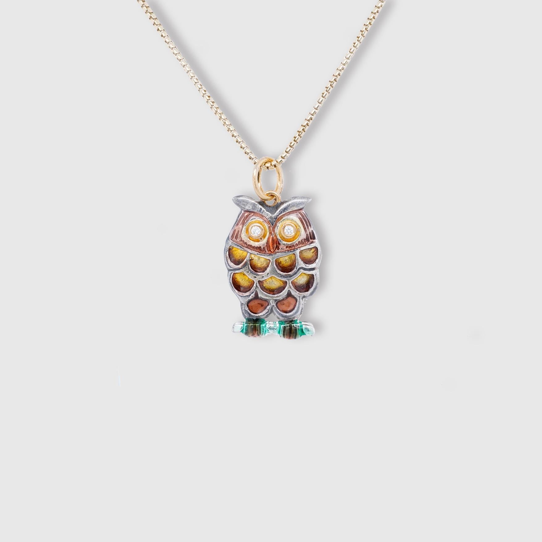 Contemporary Multi-Colored Enameled Owl Charm with Diamond Eyes, Pendant Necklace, 24kt Gold 