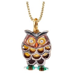 Multi-Colored Enameled Owl Charm with Diamond Eyes, Pendant Necklace, 24kt Gold 