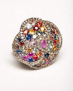 Multi-Colored Faceted Sapphire and Diamond Flower Motif Ring
