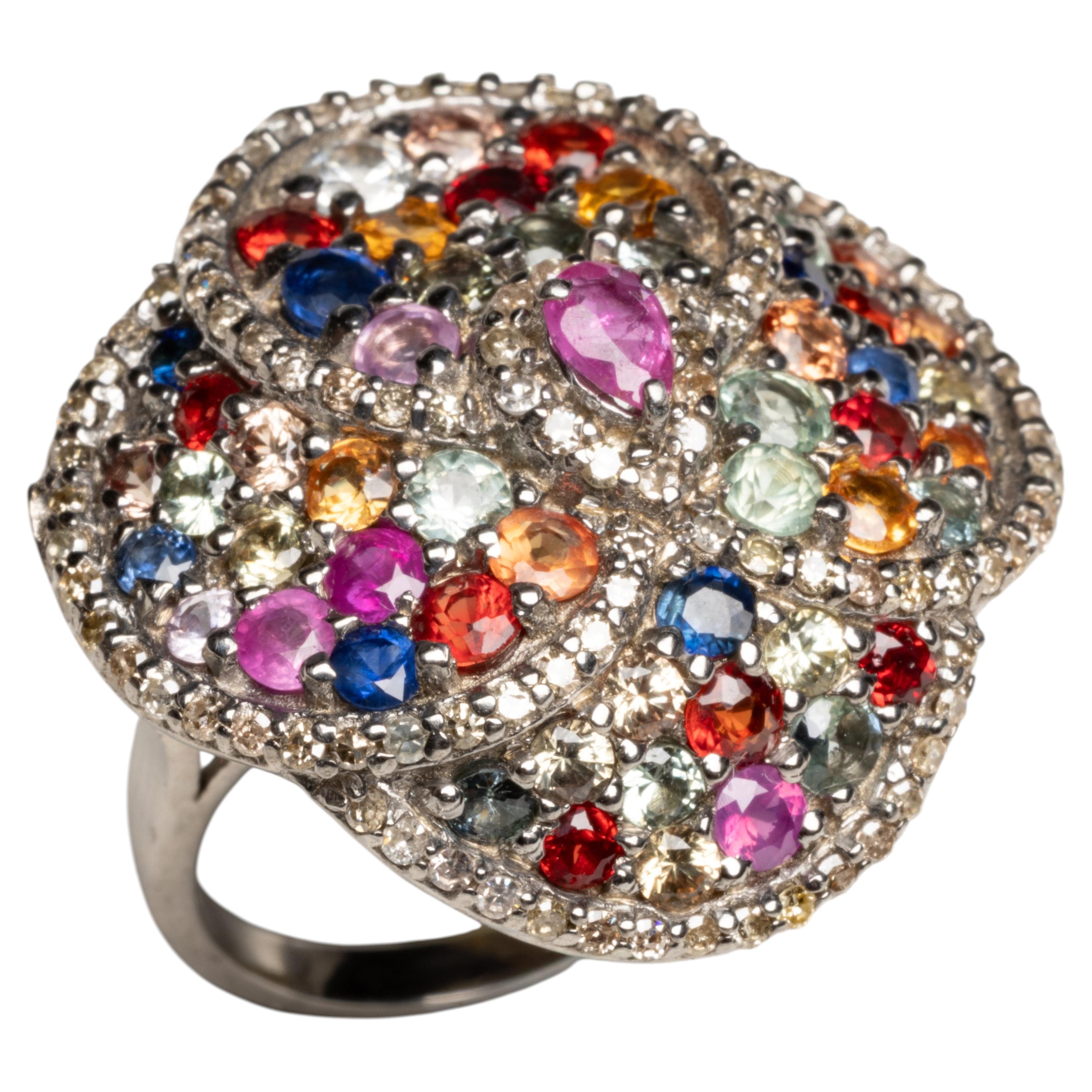 Multi-Colored Faceted Sapphire and Diamond Flower Motif Ring