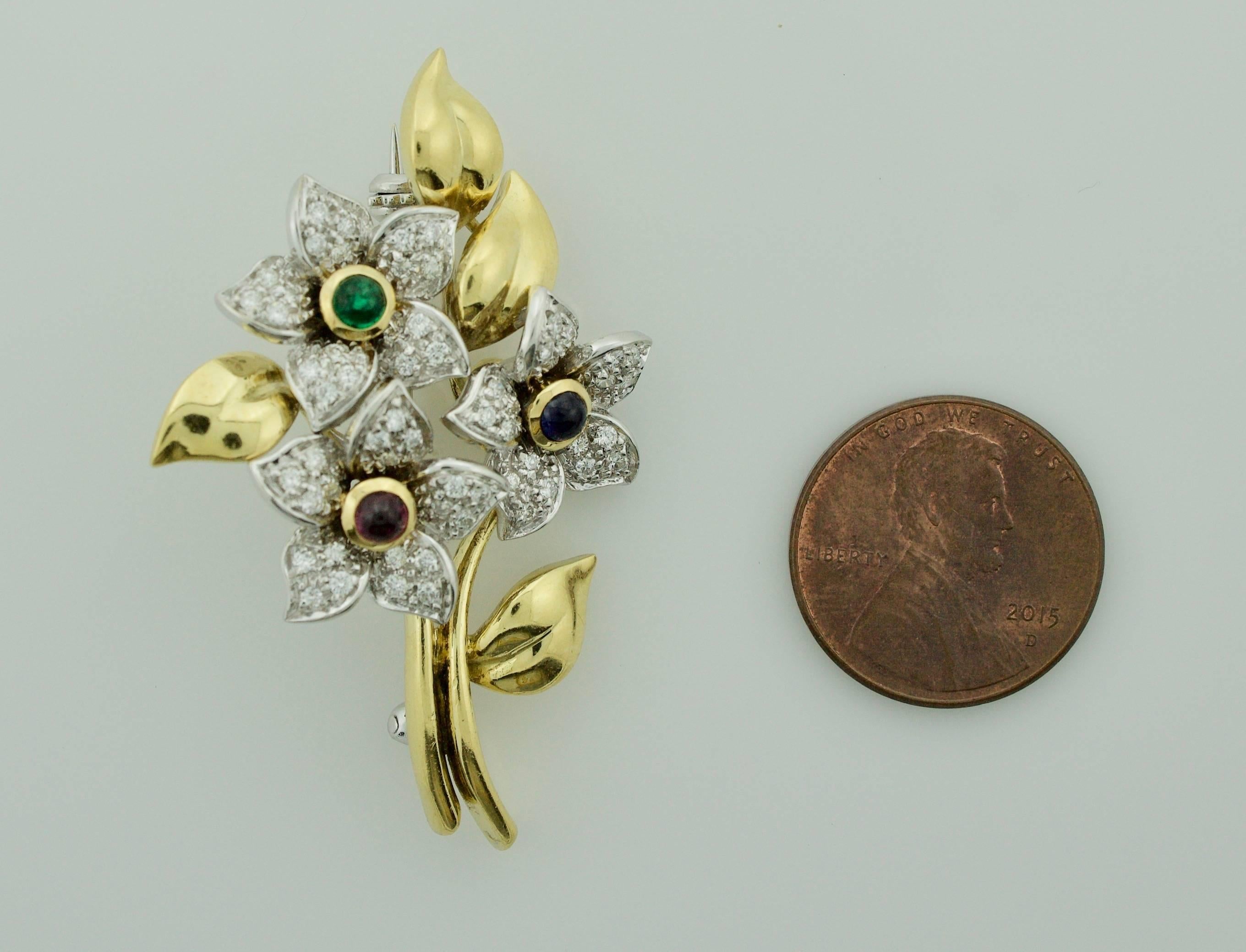 Cabochon Multicolored Flower Diamond, Emerald, Sapphire and Ruby Brooch in 18 Karat For Sale