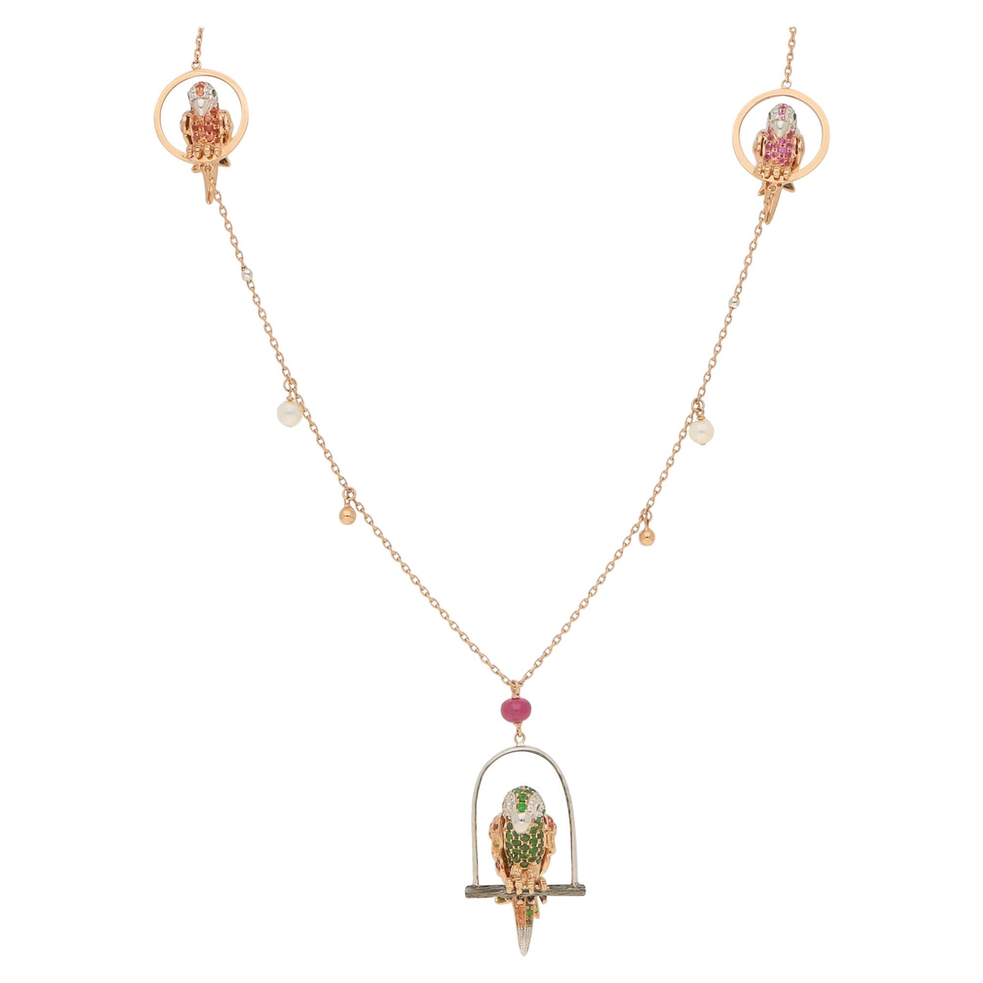 Multi-Colored Garnet, Sapphire and Diamond Parrot Necklace Set in 18 Karat Gold