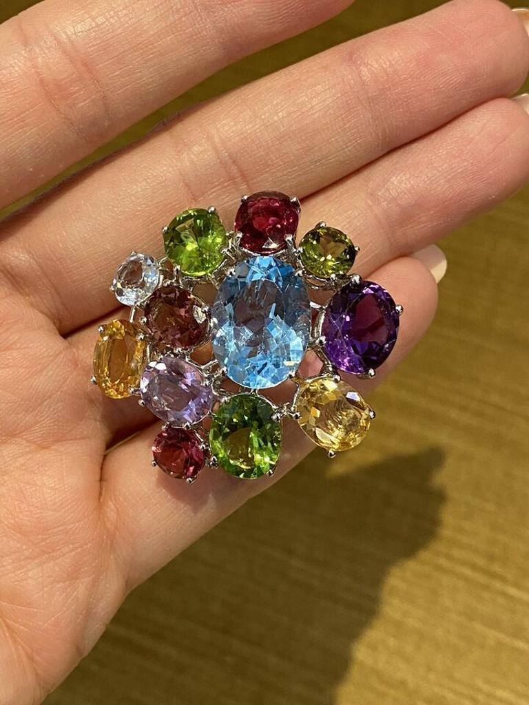 Multi-colored Gems Brooch by Asprey in 18k White Gold  In Excellent Condition For Sale In La Jolla, CA