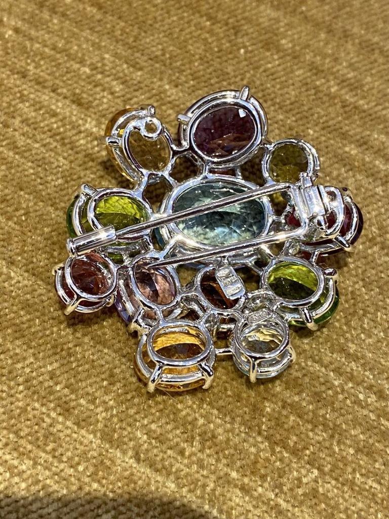 Multi-colored Gems Brooch by Asprey in 18k White Gold  For Sale 1