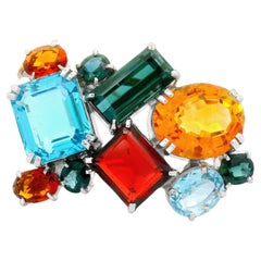 Multi-Colored Gemstone 18k White Gold Brooch Pendant
