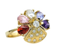 Multi-Colored Gemstone and Diamond Flower Cocktail Ring in 18 Karat Yellow Gold