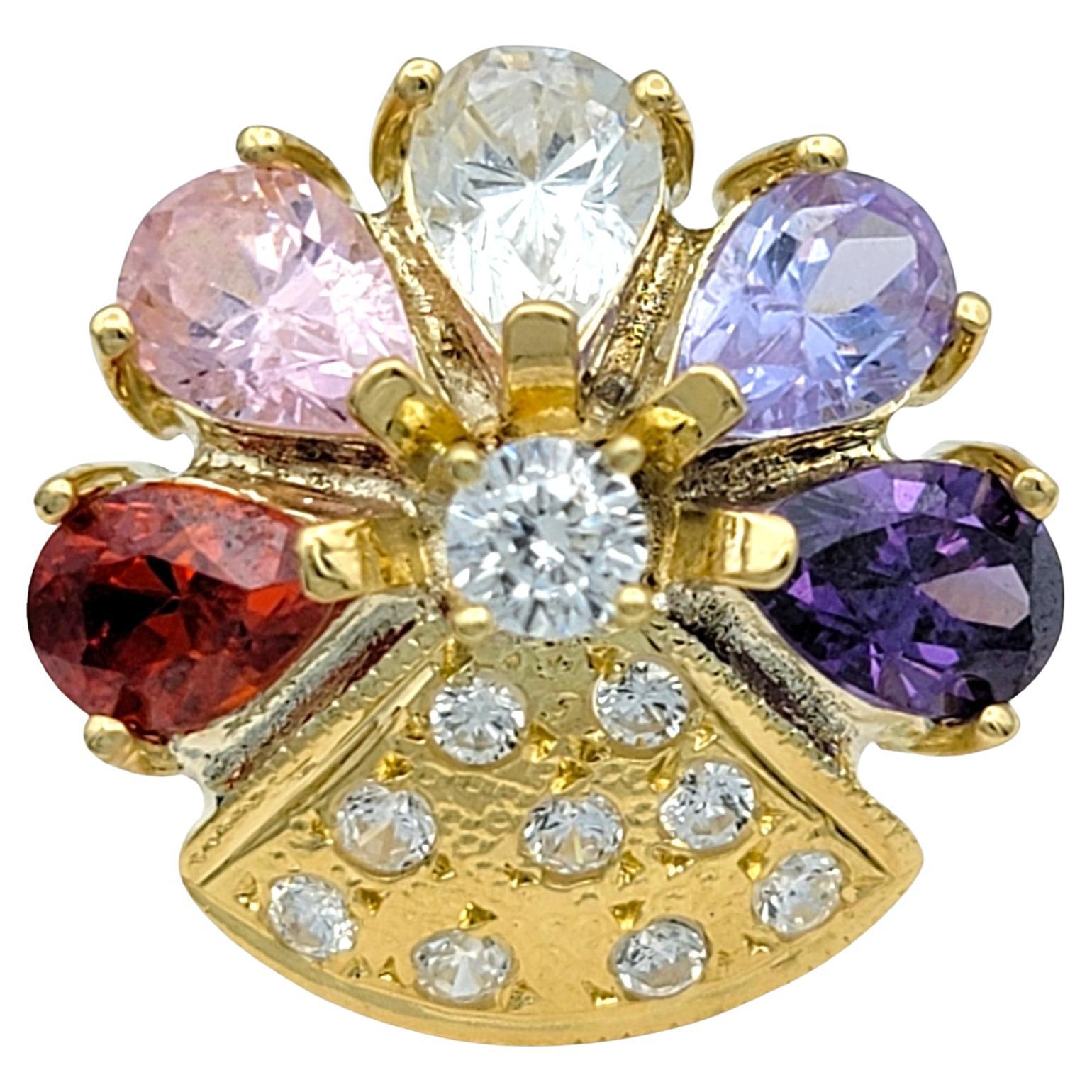 Multi-Colored Gemstone and Diamond Flower Cocktail Ring in 18 Karat Yellow Gold