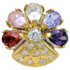 Multi-Colored Gemstone and Diamond Flower Cocktail Ring in 18 Karat Yellow Gold