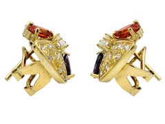 Multi-Colored Gemstone and Diamond Flower Stud Earrings in 18 Karat Yellow Gold