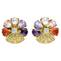 Pendientes Flor de Oro Amarillo de 18 Kilates con Piedras Preciosas Multicolores y Diamantes