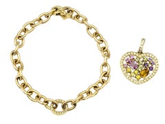 Multi Colored Gemstone and Diamond Heart Charm Bracelet in 18 Karat Yellow Gold