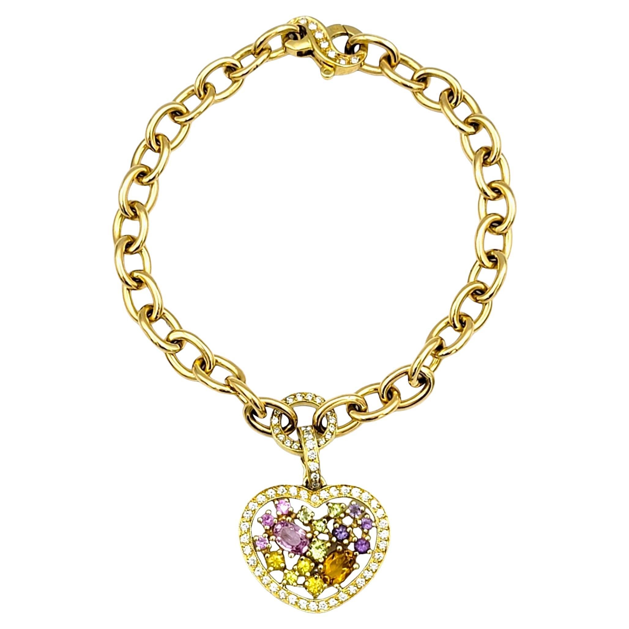 Multi Colored Gemstone and Diamond Heart Charm Bracelet in 18 Karat Yellow Gold
