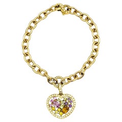 Multi Colored Gemstone and Diamond Heart Charm Bracelet in 18 Karat Yellow Gold