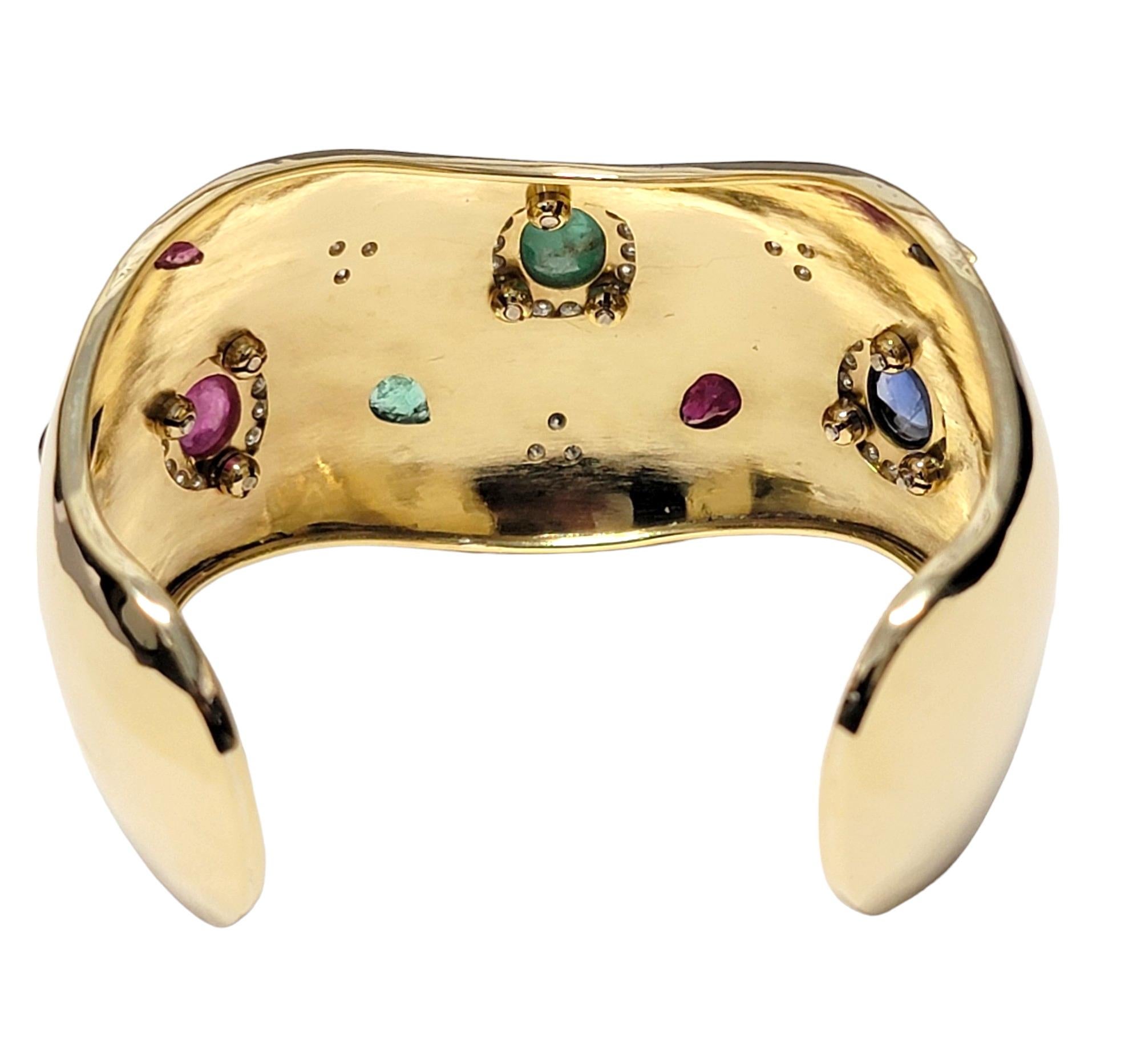 Oval Cut Multi-Colored Gemstone and Diamond Wide Cuff Bracelet in 18 Karat Yellow Gold For Sale