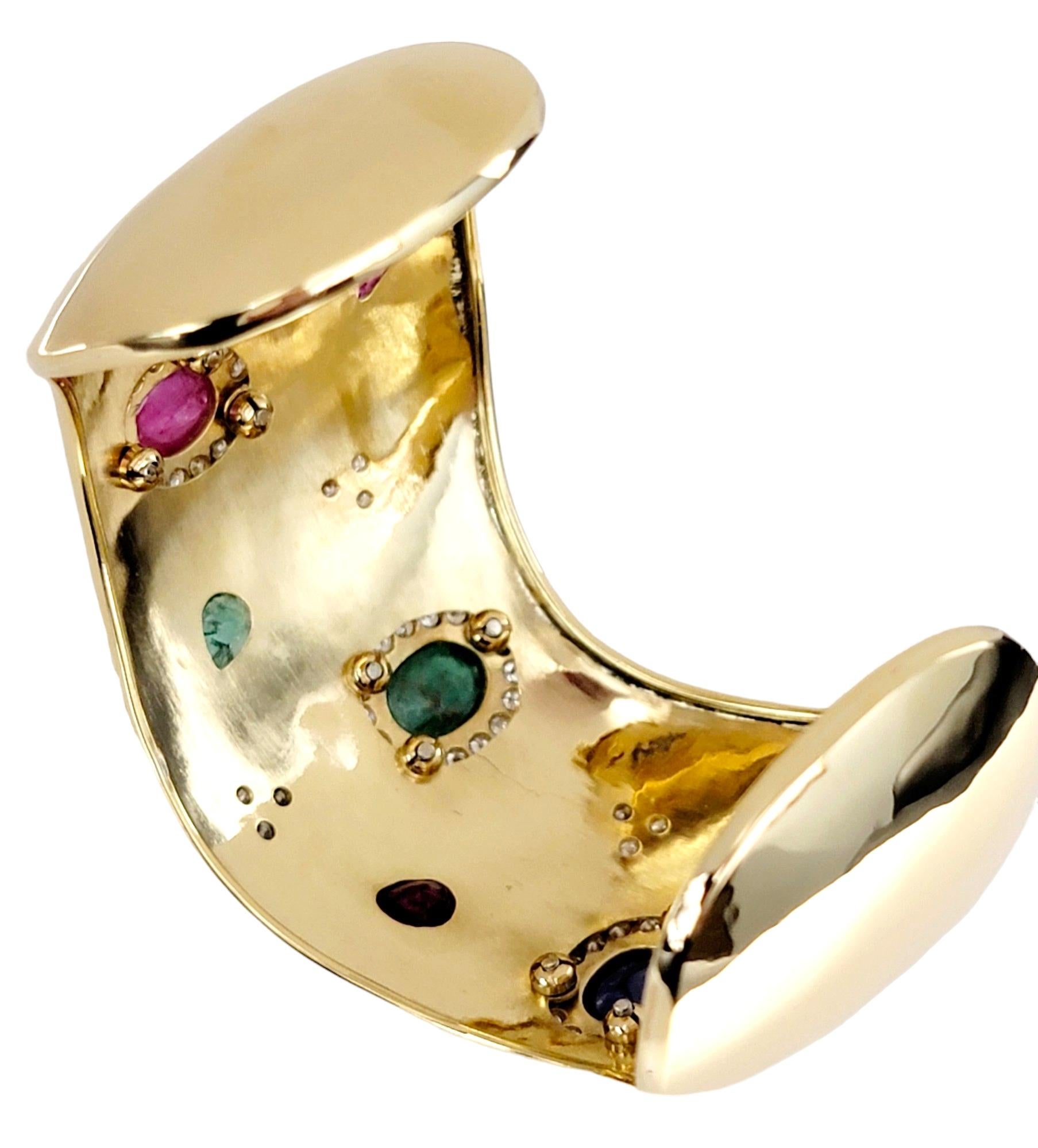 Multi-Colored Gemstone and Diamond Wide Cuff Bracelet in 18 Karat Yellow Gold In Good Condition For Sale In Scottsdale, AZ