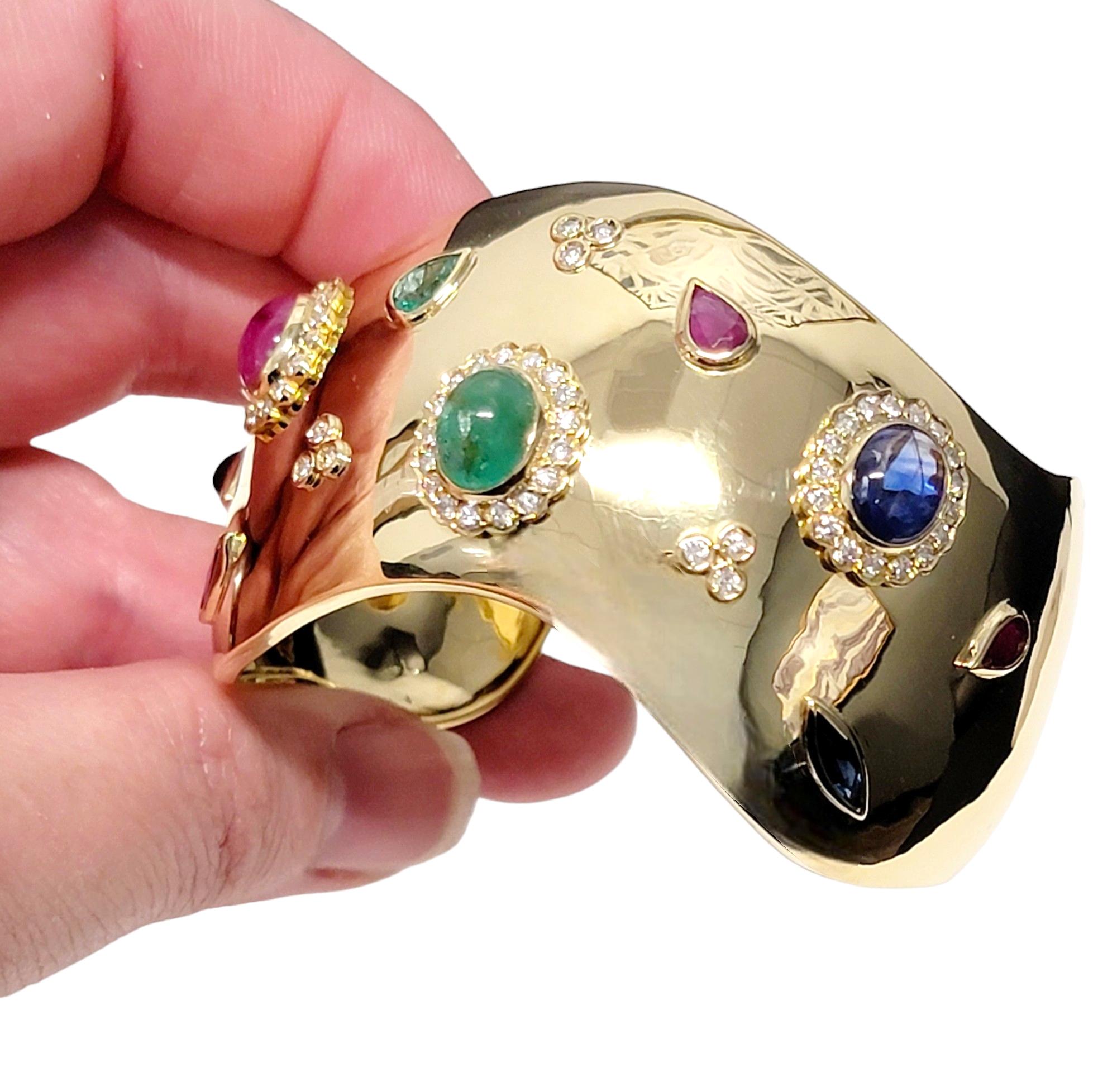 Women's Multi-Colored Gemstone and Diamond Wide Cuff Bracelet in 18 Karat Yellow Gold For Sale