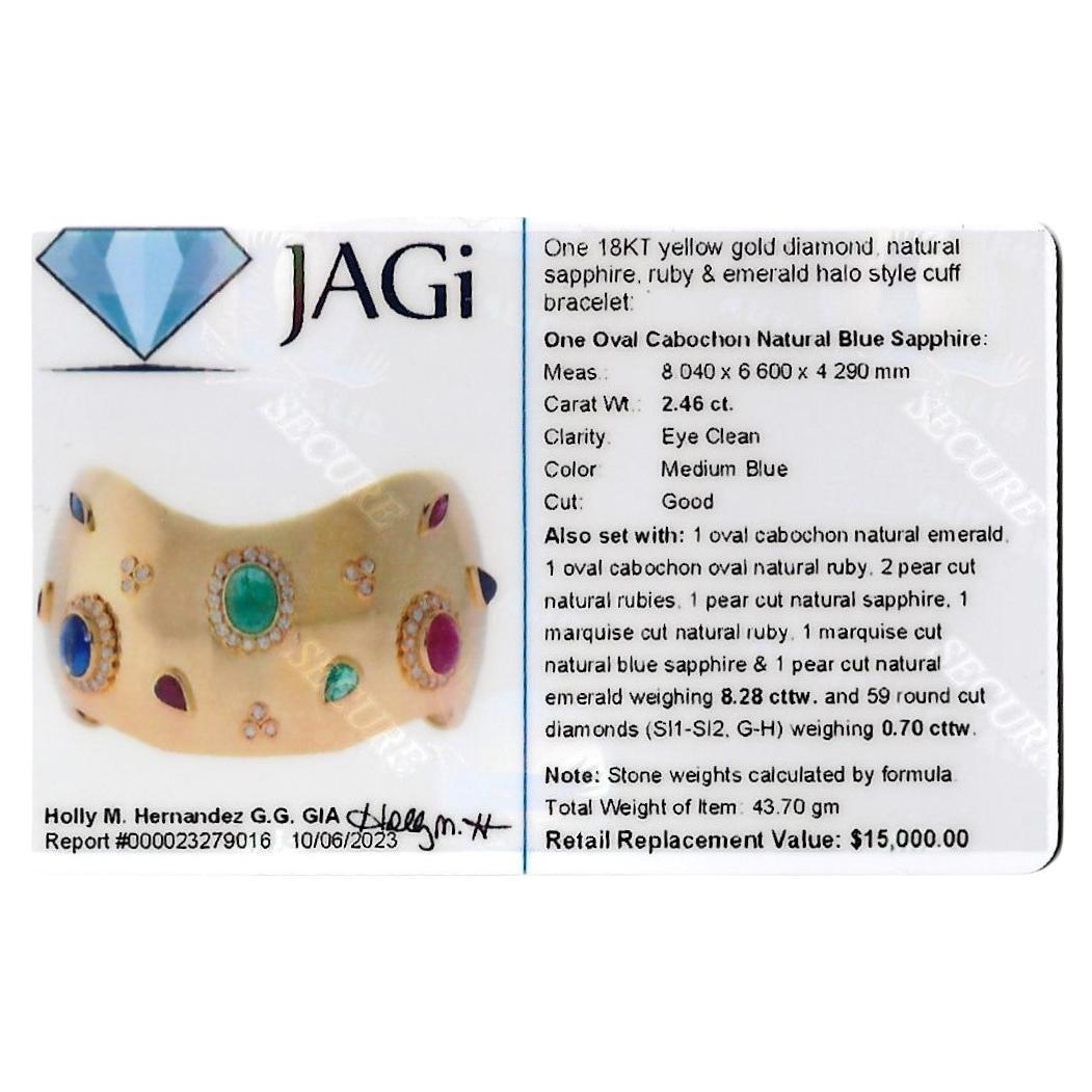 Breites Manschettenarmband aus 18 Karat Gelbgold mit mehrfarbigen Edelsteinen und Diamanten im Angebot 1