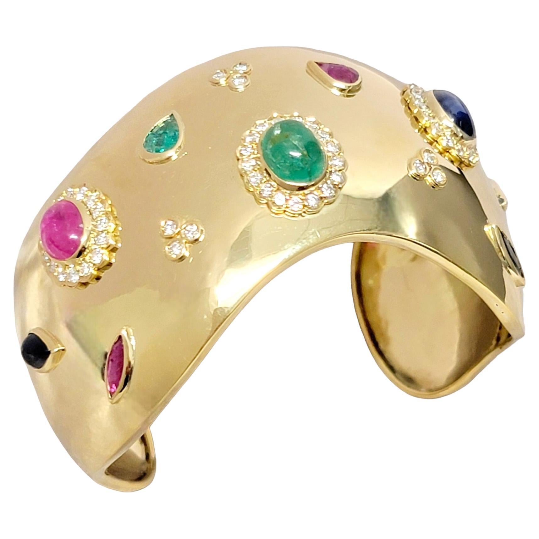 Multi-Colored Gemstone and Diamond Wide Cuff Bracelet in 18 Karat Yellow Gold For Sale