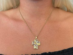 Multi Colored Gemstone Cross Necklace in 14k Yellow Gold