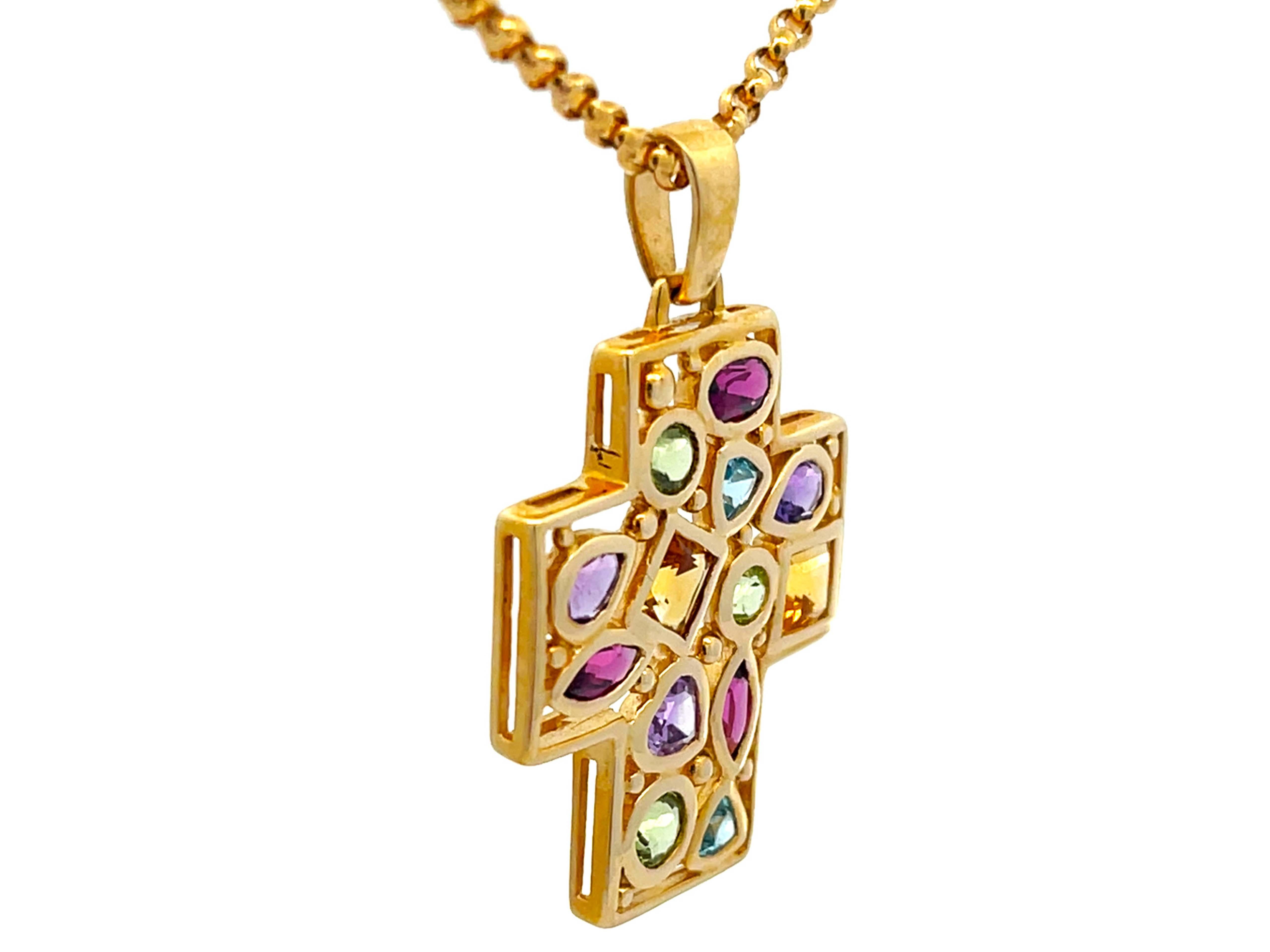 Moderne Collier de croix en pierres précieuses multicolores en or jaune 14 carats en vente