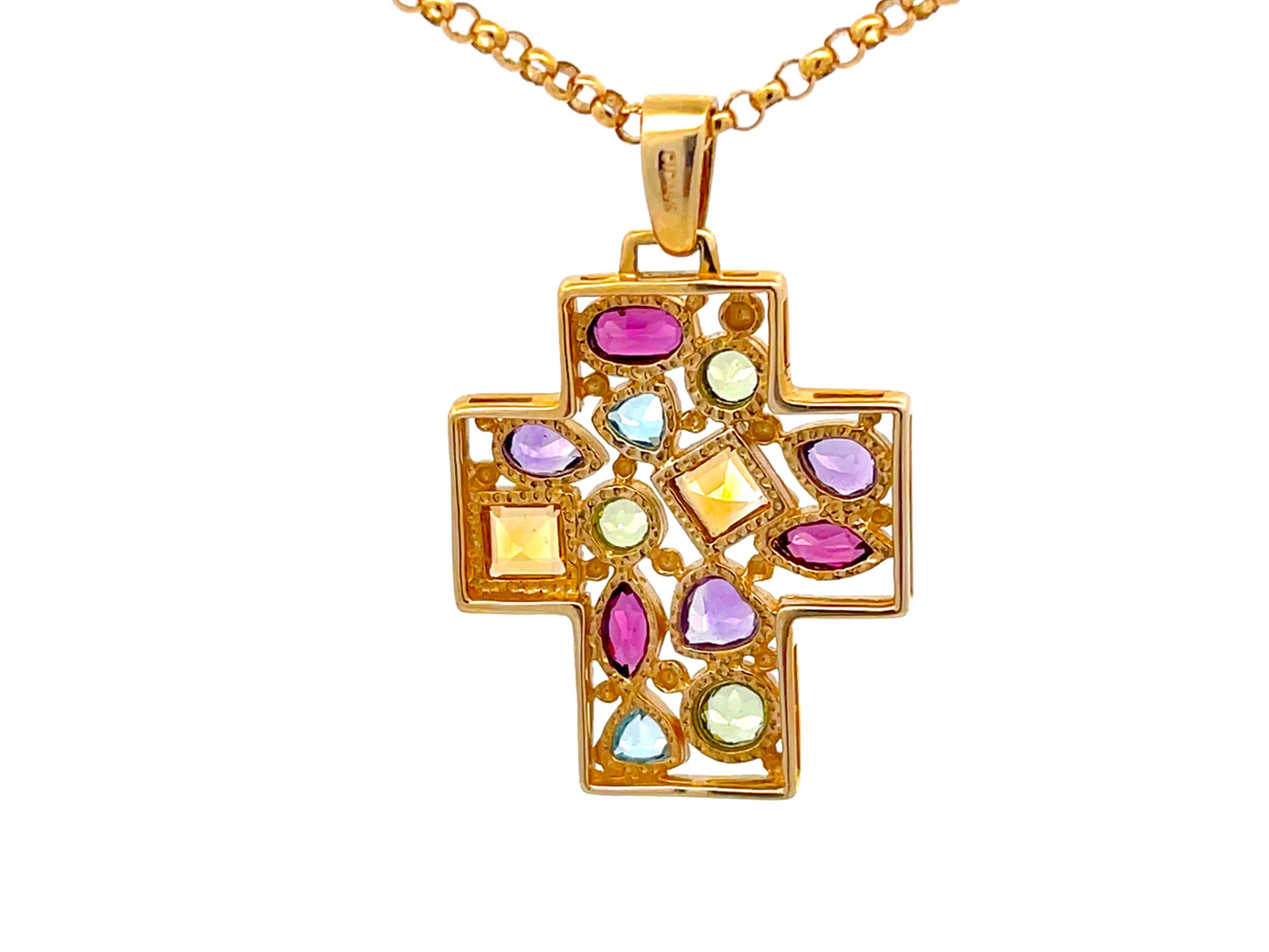 Round Cut Multi Colored Gemstone Cross Necklace in 14k Yellow Gold For Sale