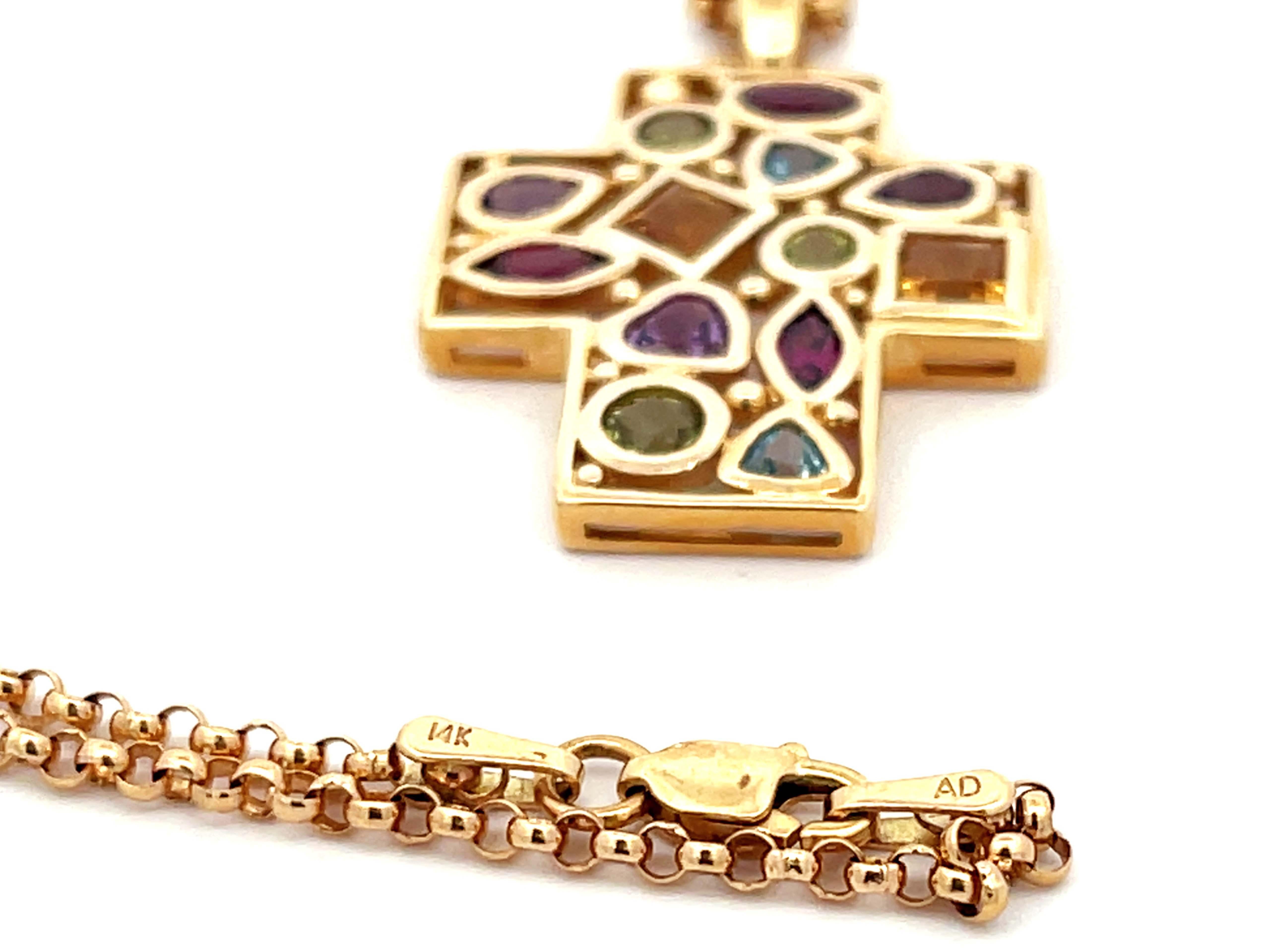 Multi Colored Gemstone Cross Necklace in 14k Yellow Gold In Excellent Condition For Sale In Honolulu, HI