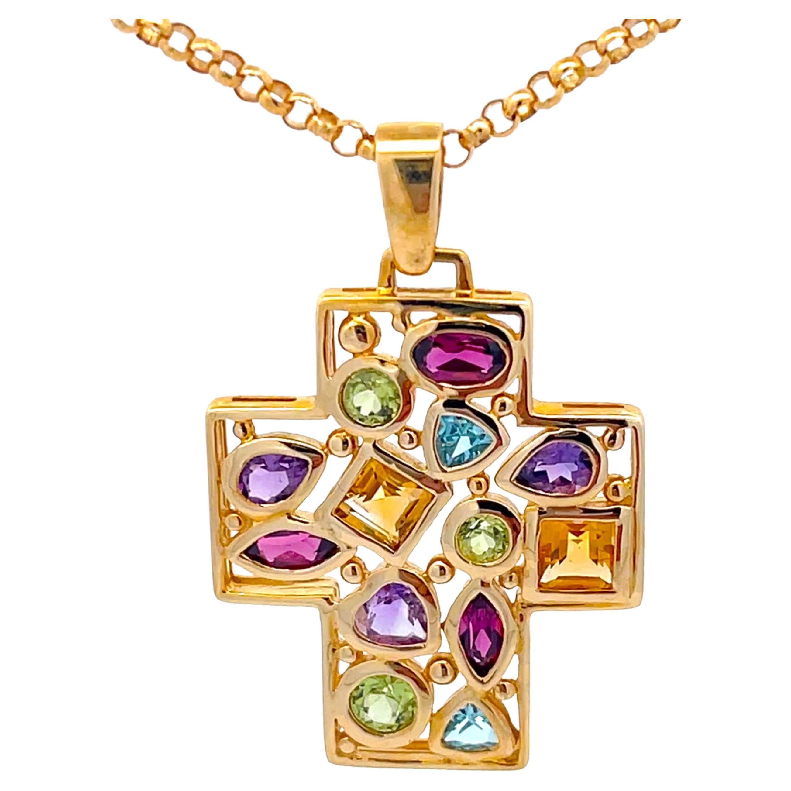 Multi Colored Gemstone Cross Necklace in 14k Yellow Gold For Sale