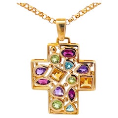 Collier de croix en pierres précieuses multicolores en or jaune 14 carats