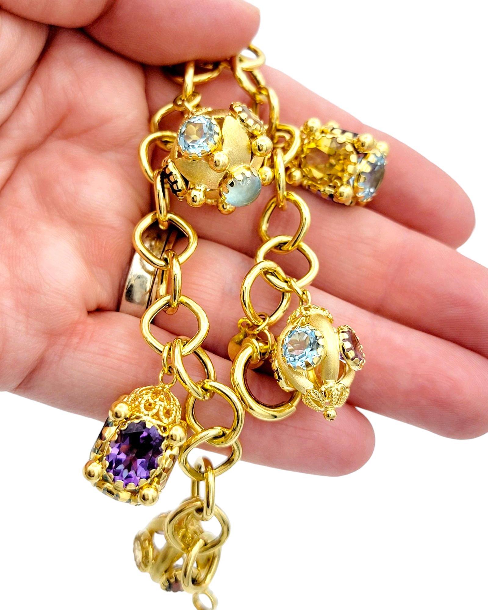 Multi-Colored Gemstone Dangle Charm Bracelet Set in 18 Karat Yellow Gold For Sale 5