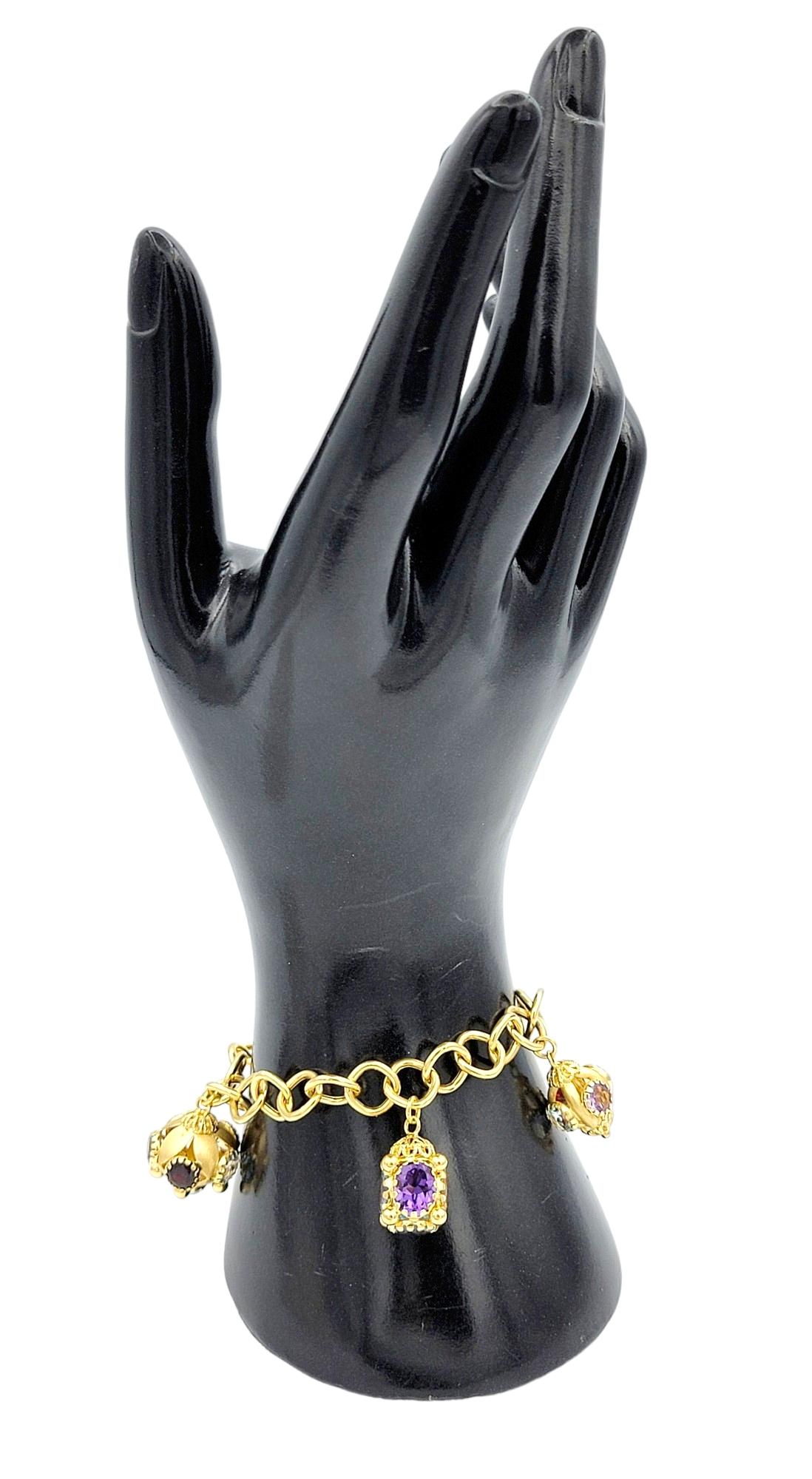 Multi-Colored Gemstone Dangle Charm Bracelet Set in 18 Karat Yellow Gold For Sale 6