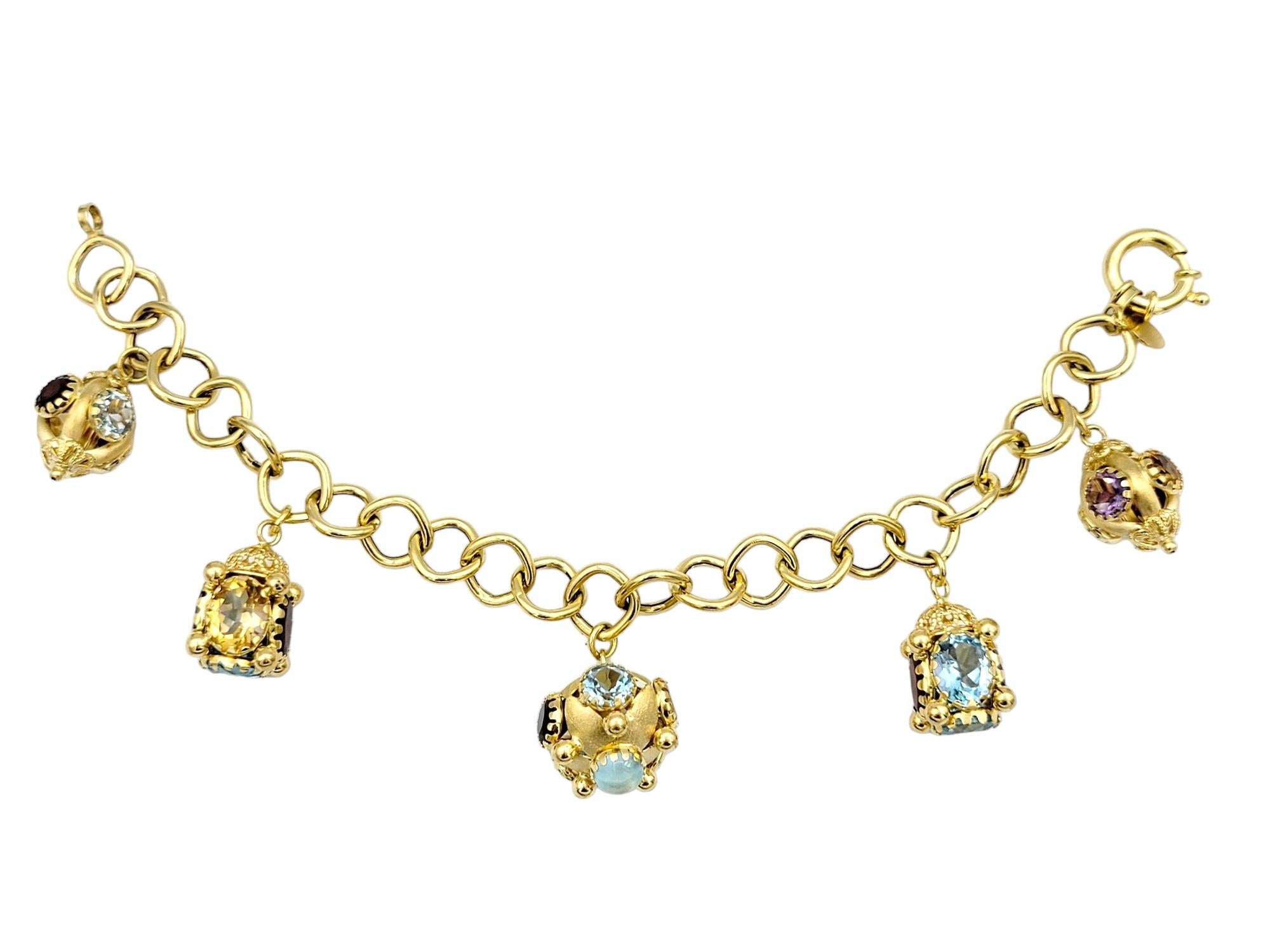 Contemporary Multi-Colored Gemstone Dangle Charm Bracelet Set in 18 Karat Yellow Gold
