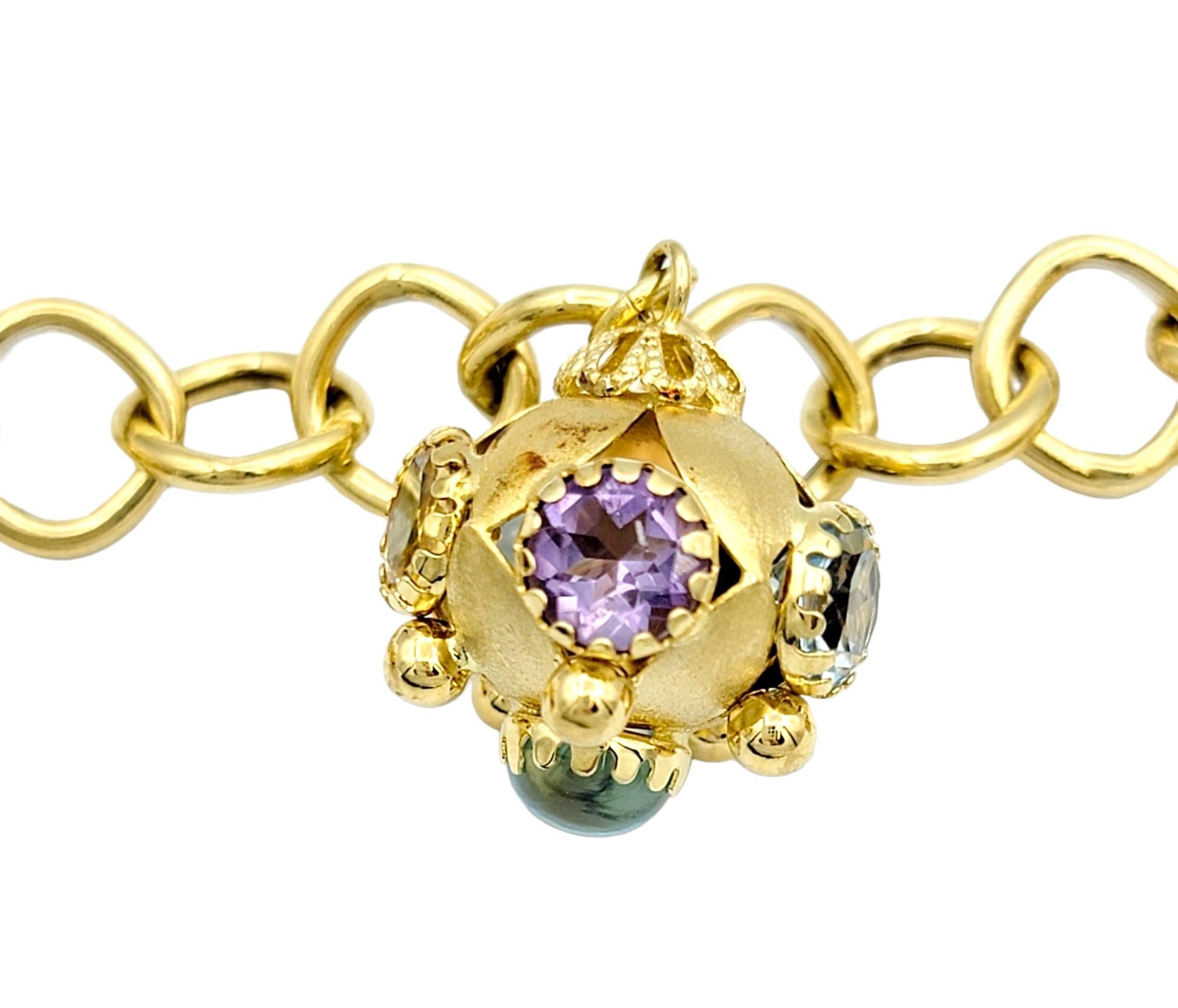 Multi-Colored Gemstone Dangle Charm Bracelet Set in 18 Karat Yellow Gold In Good Condition For Sale In Scottsdale, AZ