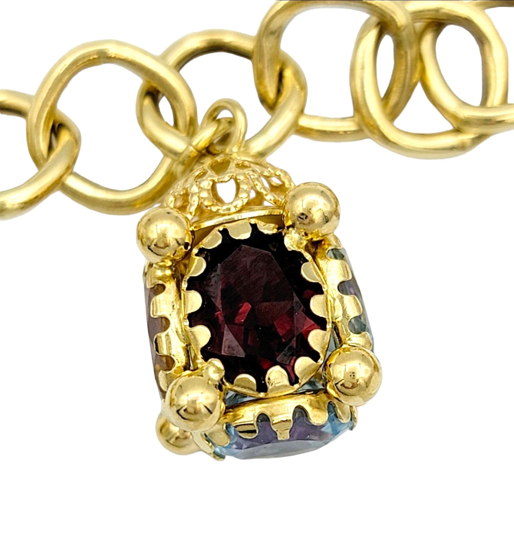 Multi-Colored Gemstone Dangle Charm Bracelet Set in 18 Karat Yellow Gold For Sale 1
