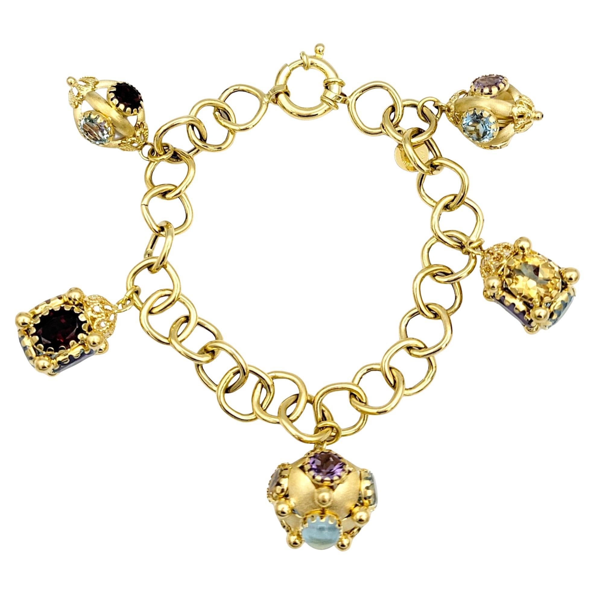 Multi-Colored Gemstone Dangle Charm Bracelet Set in 18 Karat Yellow Gold For Sale