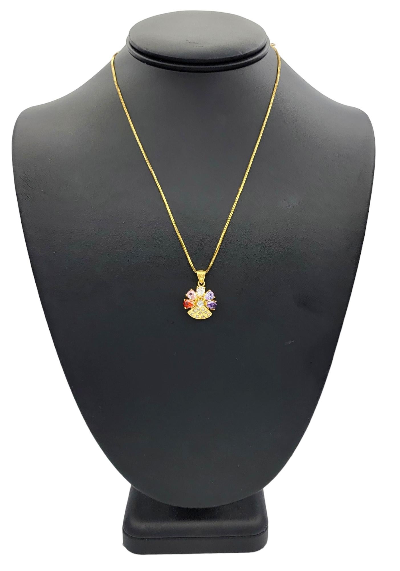 Multi-Colored Gemstone & Diamond Flower Pendant Necklace in 18 Karat Yellow Gold For Sale 4