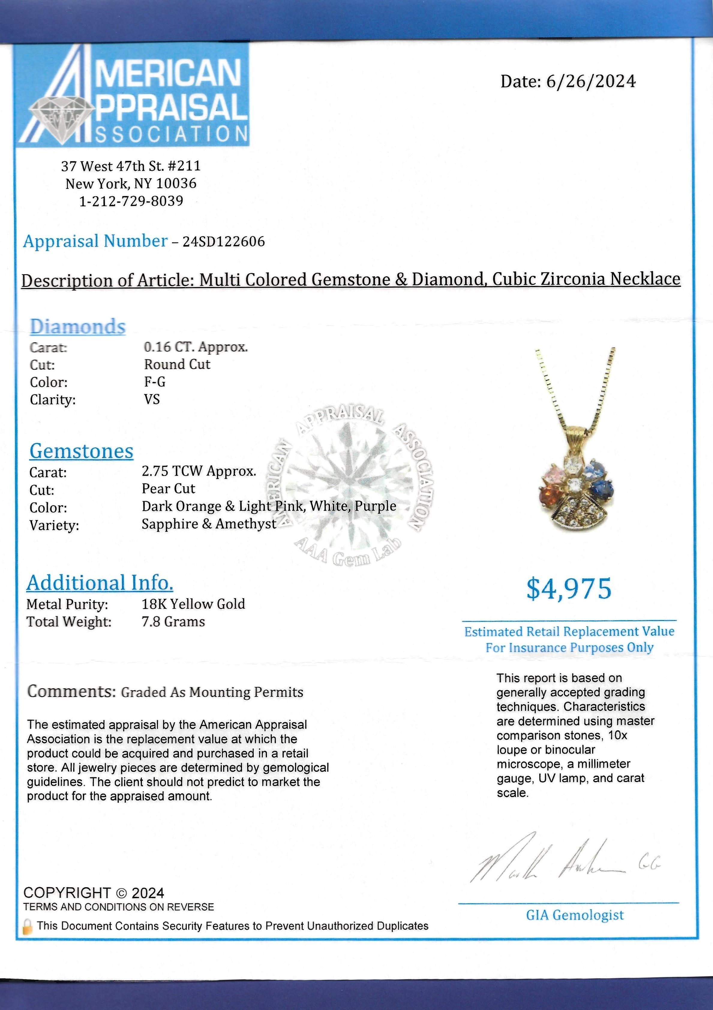 Multi-Colored Gemstone & Diamond Flower Pendant Necklace in 18 Karat Yellow Gold For Sale 5