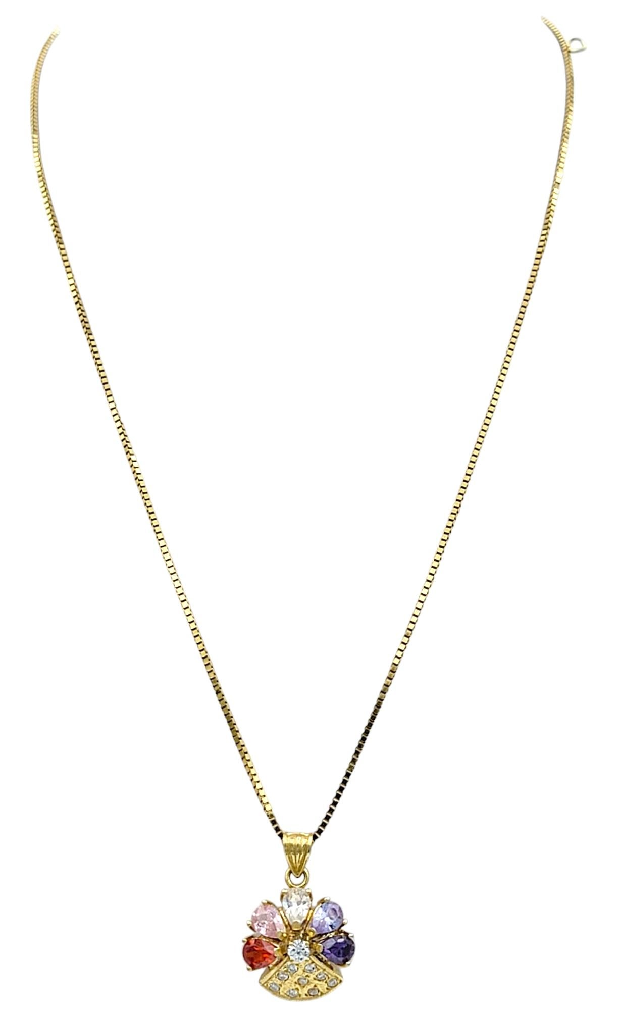 Contemporary Multi-Colored Gemstone & Diamond Flower Pendant Necklace in 18 Karat Yellow Gold For Sale
