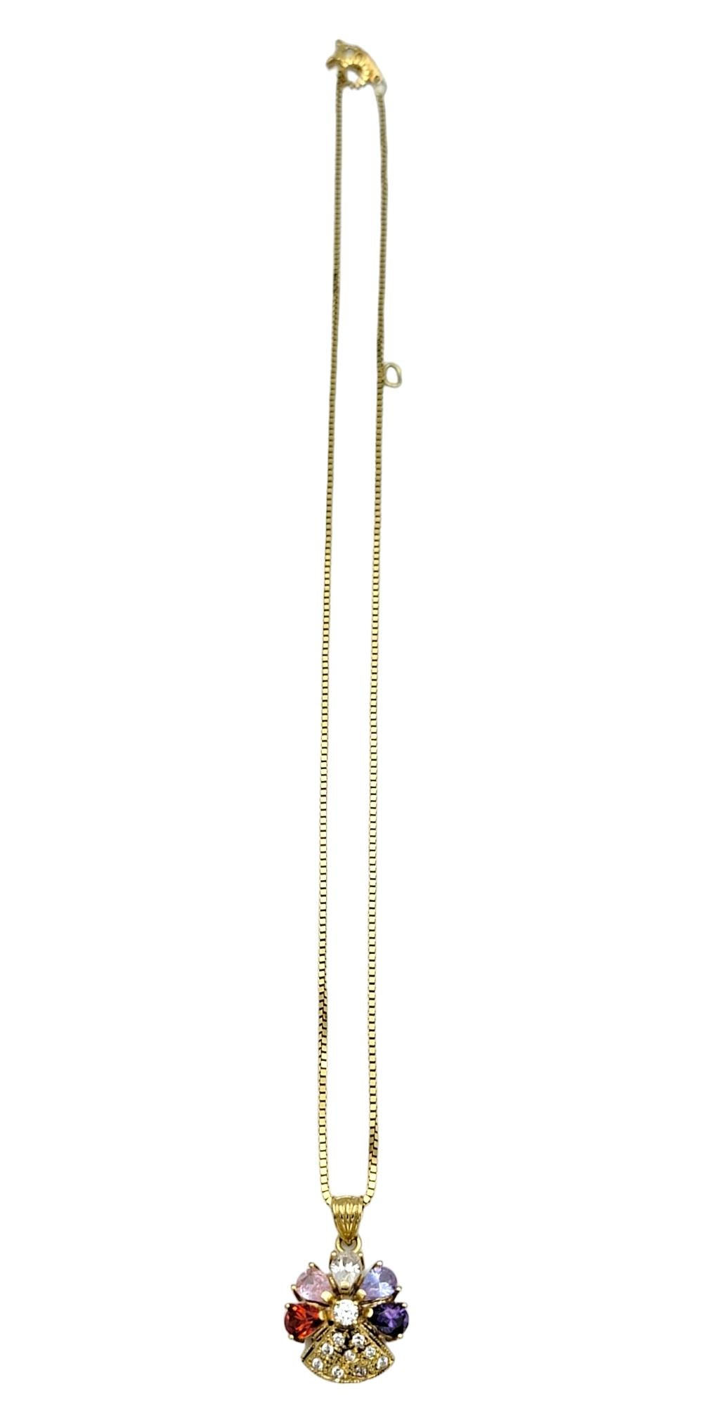 Pear Cut Multi-Colored Gemstone & Diamond Flower Pendant Necklace in 18 Karat Yellow Gold For Sale