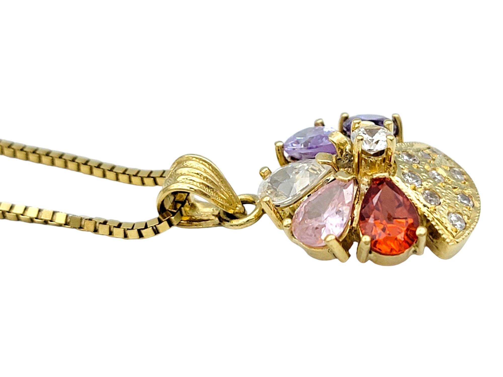 Multi-Colored Gemstone & Diamond Flower Pendant Necklace in 18 Karat Yellow Gold In Good Condition For Sale In Scottsdale, AZ
