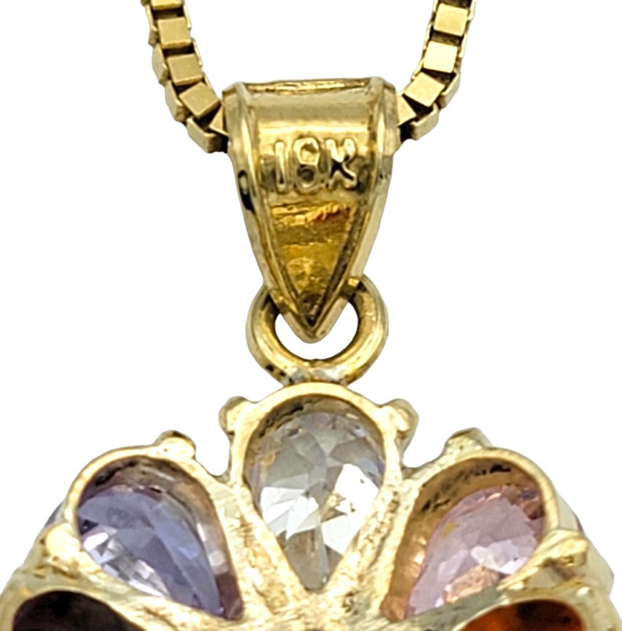 Multi-Colored Gemstone & Diamond Flower Pendant Necklace in 18 Karat Yellow Gold For Sale 2