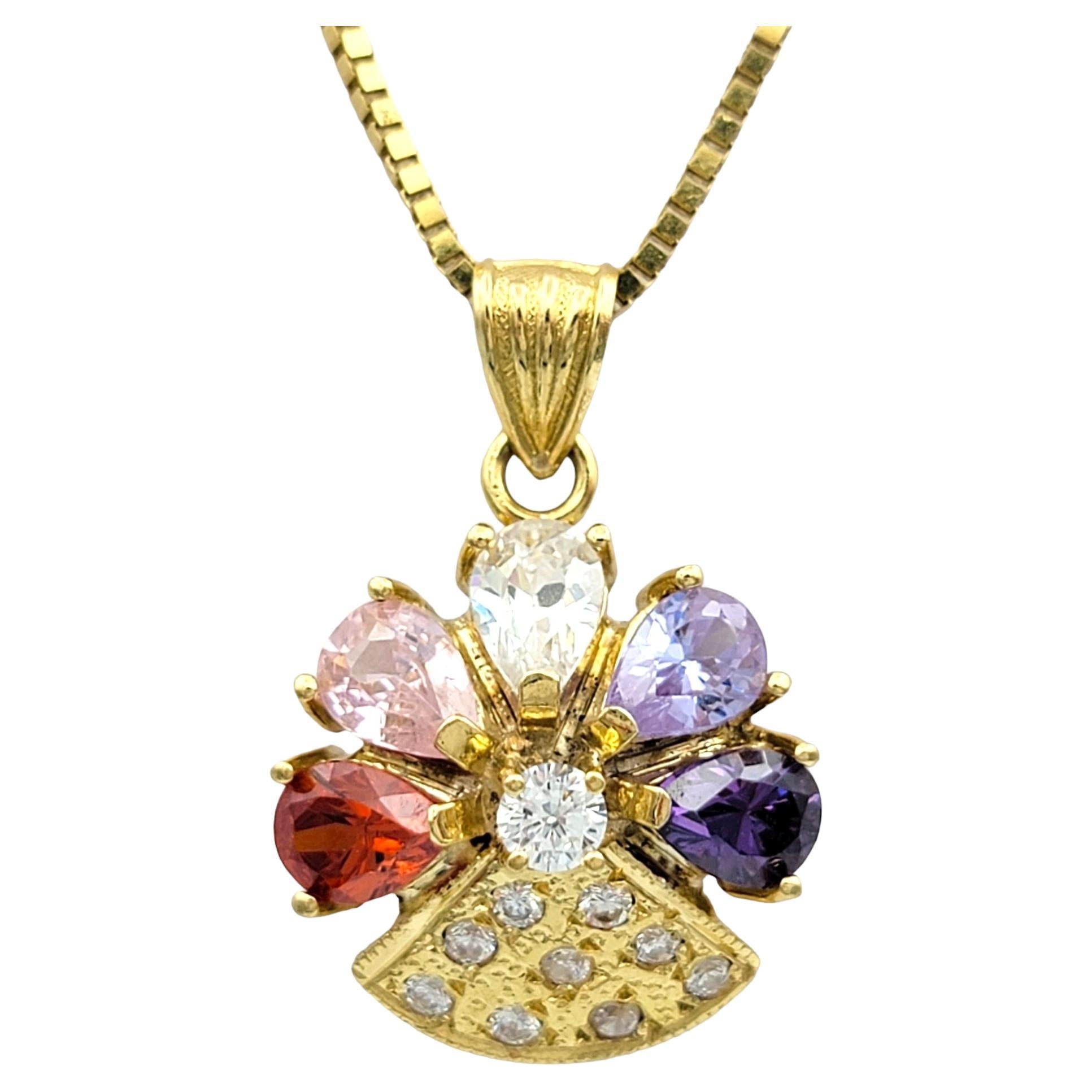 Multi-Colored Gemstone & Diamond Flower Pendant Necklace in 18 Karat Yellow Gold