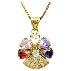 Multi-Colored Gemstone & Diamond Flower Pendant Necklace in 18 Karat Yellow Gold