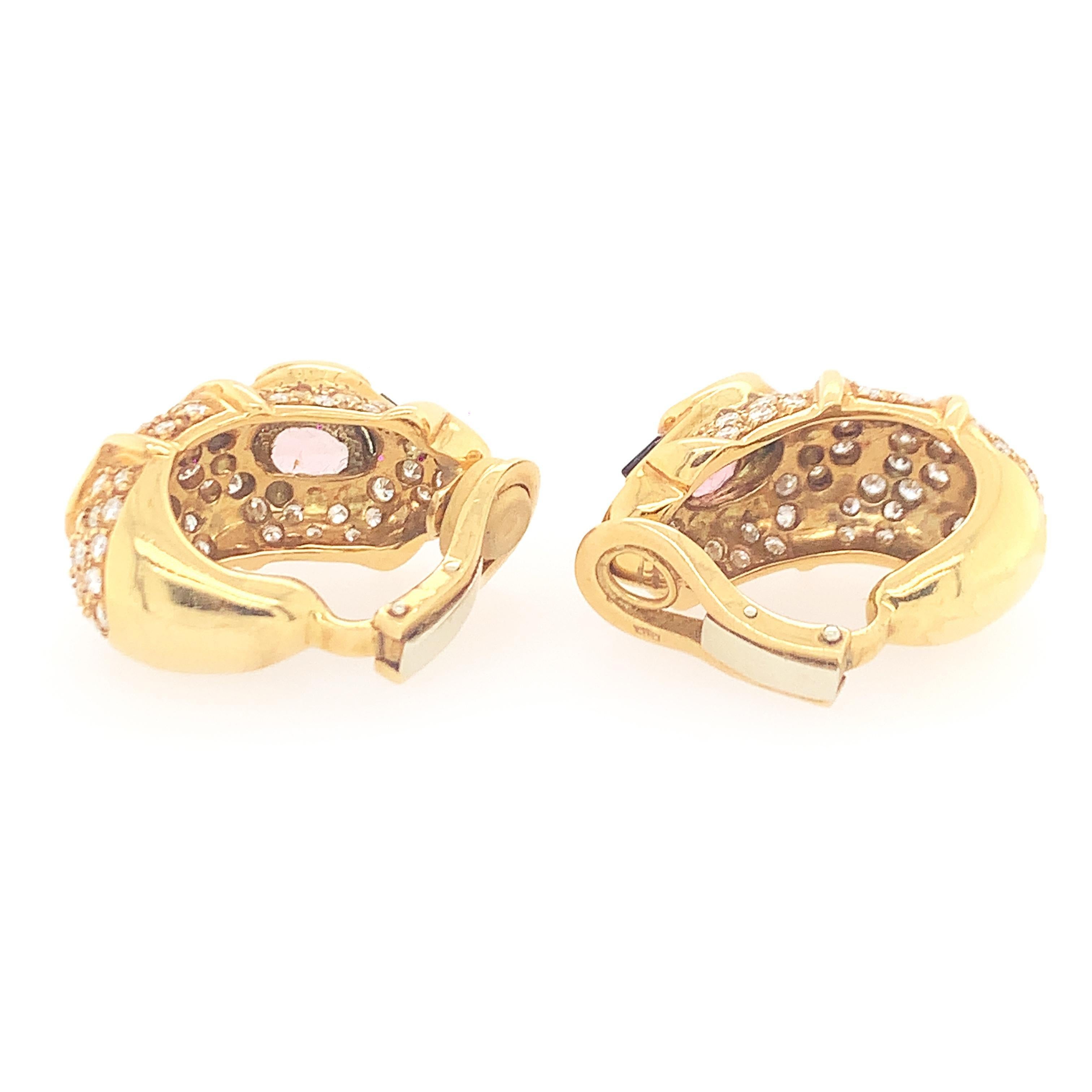 18K Y/gold multi-colored stone diamond earclips. RBC cut diamonds weighing approx. 3.20 cts, GH VS-SI, stamps 750 measures 1 1/4 x 1/2 inch, weight 18.2 dwt.