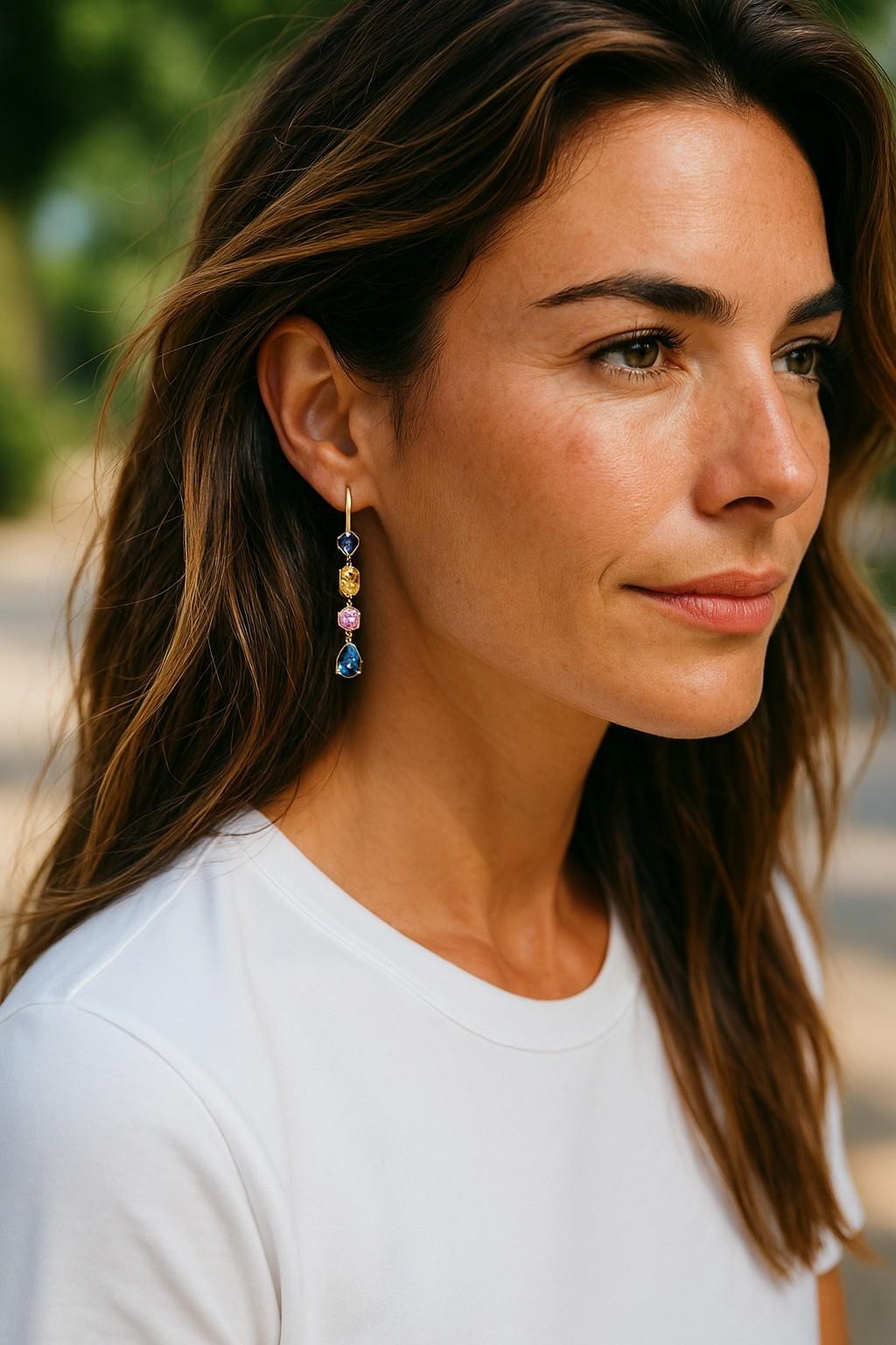 Contemporary Multi Colored Gemstone Diamonds 7.65 Carat Yellow Gold 1.95 Inch Long Earrings For Sale